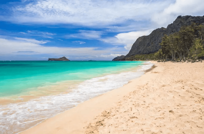 Hawaiian beach and mountain landscape
