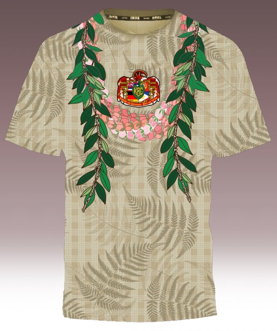 Reunion shirt — natural tan with palaka and palapalai, KBC crest